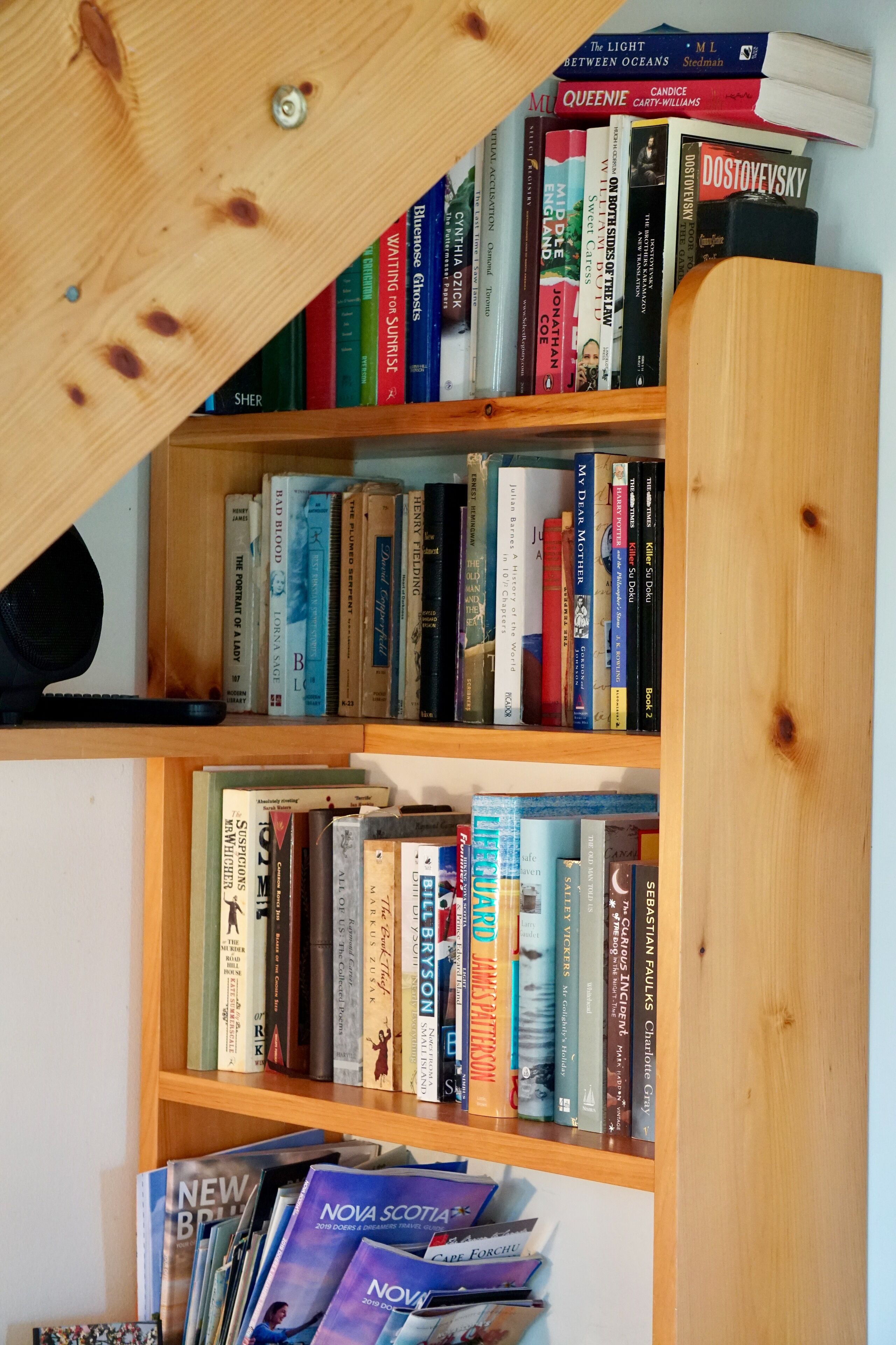 Une bibliothèque remplie de divers ouvrages, dont des titres comme « Là où chantent les crabes » et « Ma chère mère ».