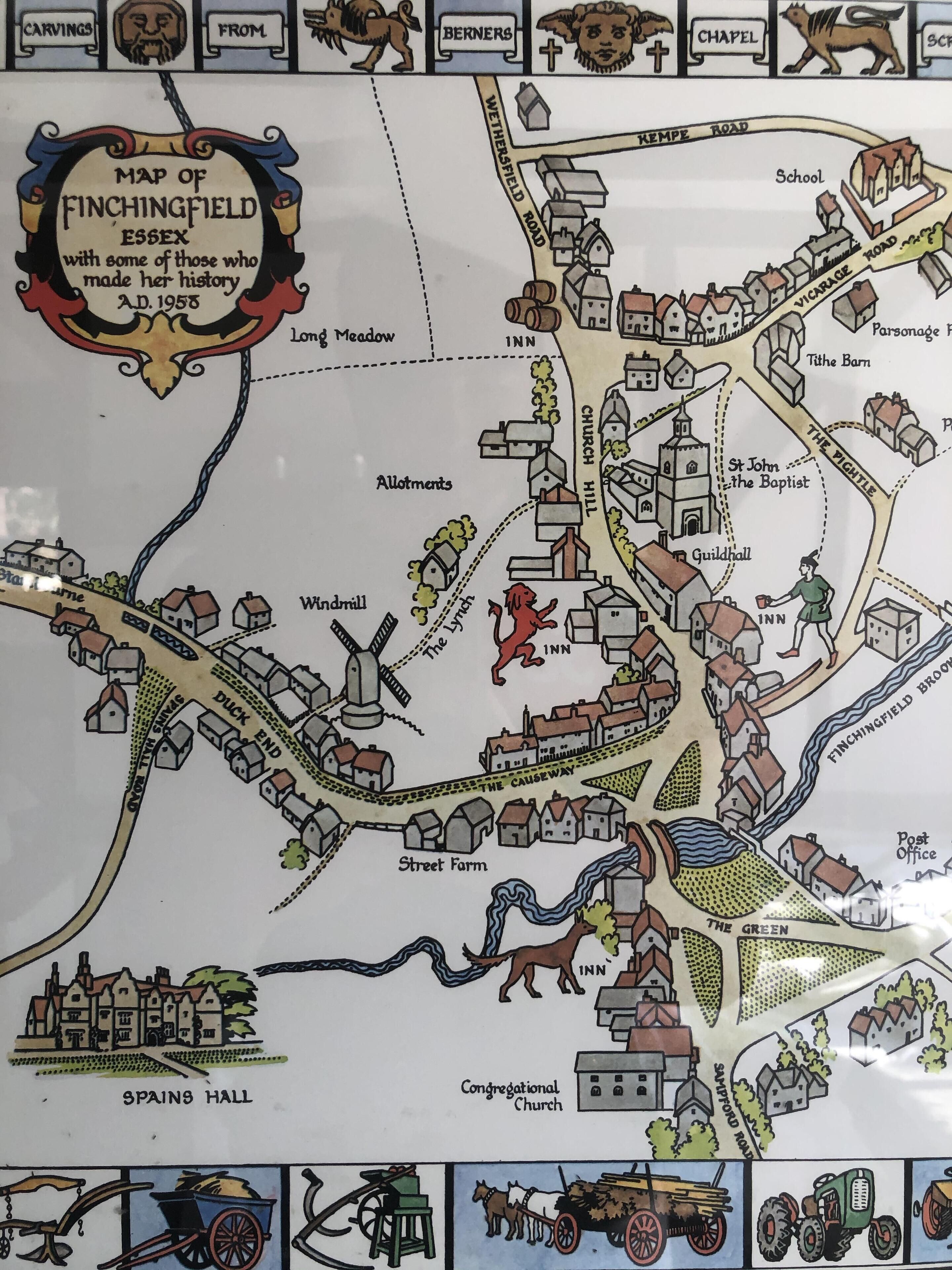 A detailed map of Finchingfield, Essex, highlighting landmarks like Long Meadow, Windmill, and St. John the Baptist Church.
