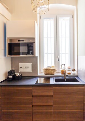 Kühlschrank, Mikrowelle, Herdplatte, Wasserkocher mit Kaffee-/Teezubehör