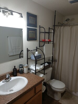 A bathroom with a sink, toilet, and shower curtain. There are towels and toiletries on shelves.