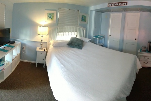 Single room studio, with walk-in closet, and bathroom doors.