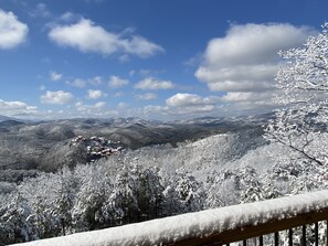 A snowy mountain landscape with a village in the valley. - Selah View  Stunning 5 BR mountain lodge - Incredible views, 3mi to Pigeon Forge (Sevierville)