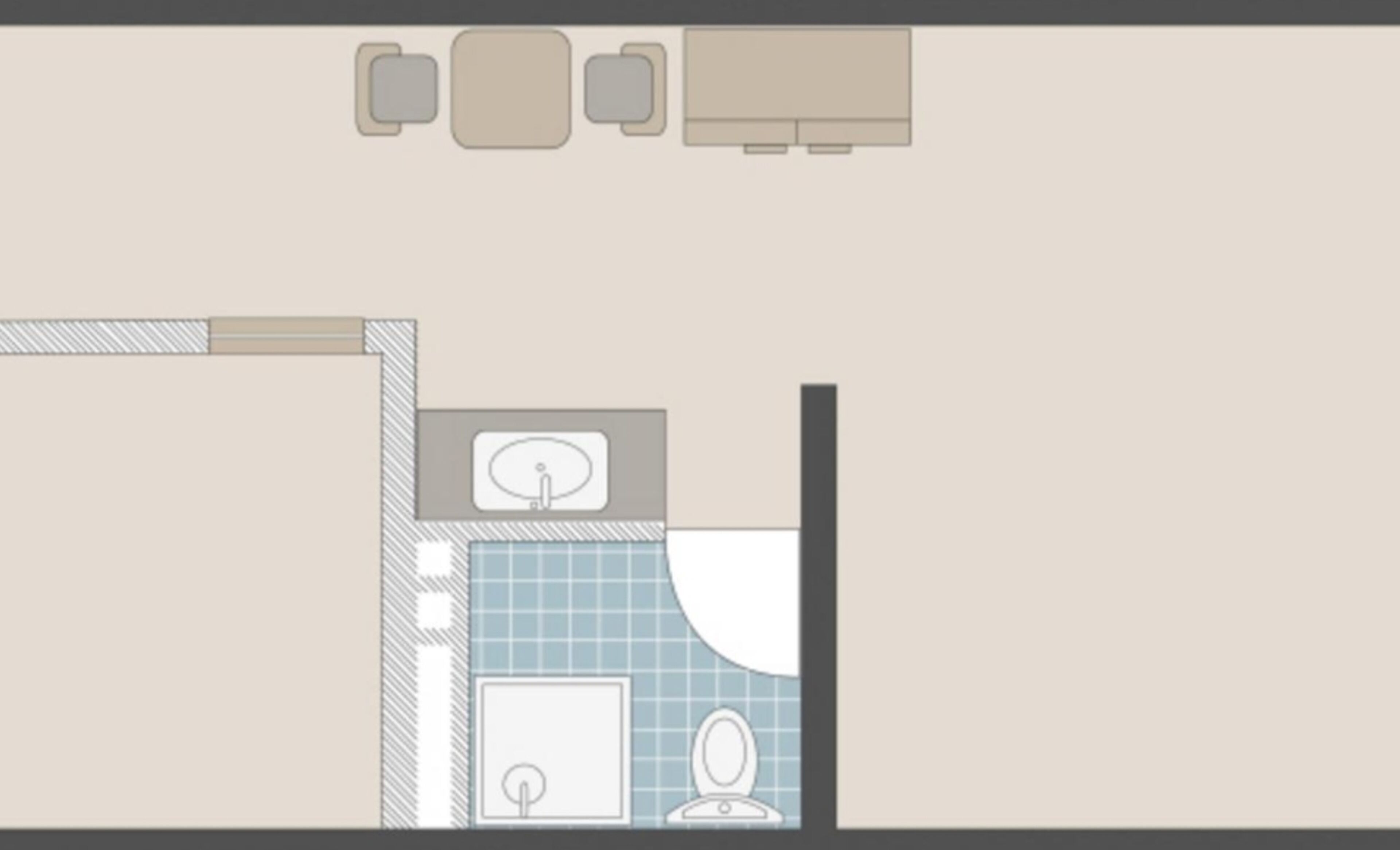 A floor plan of a hotel room with a bed, a desk, a chair, a bathroom with a toilet and sink.