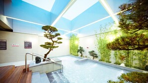 Una piscina interior con escalones de madera que bajan al agua, rodeada de plantas de interior y un diseño moderno del techo.