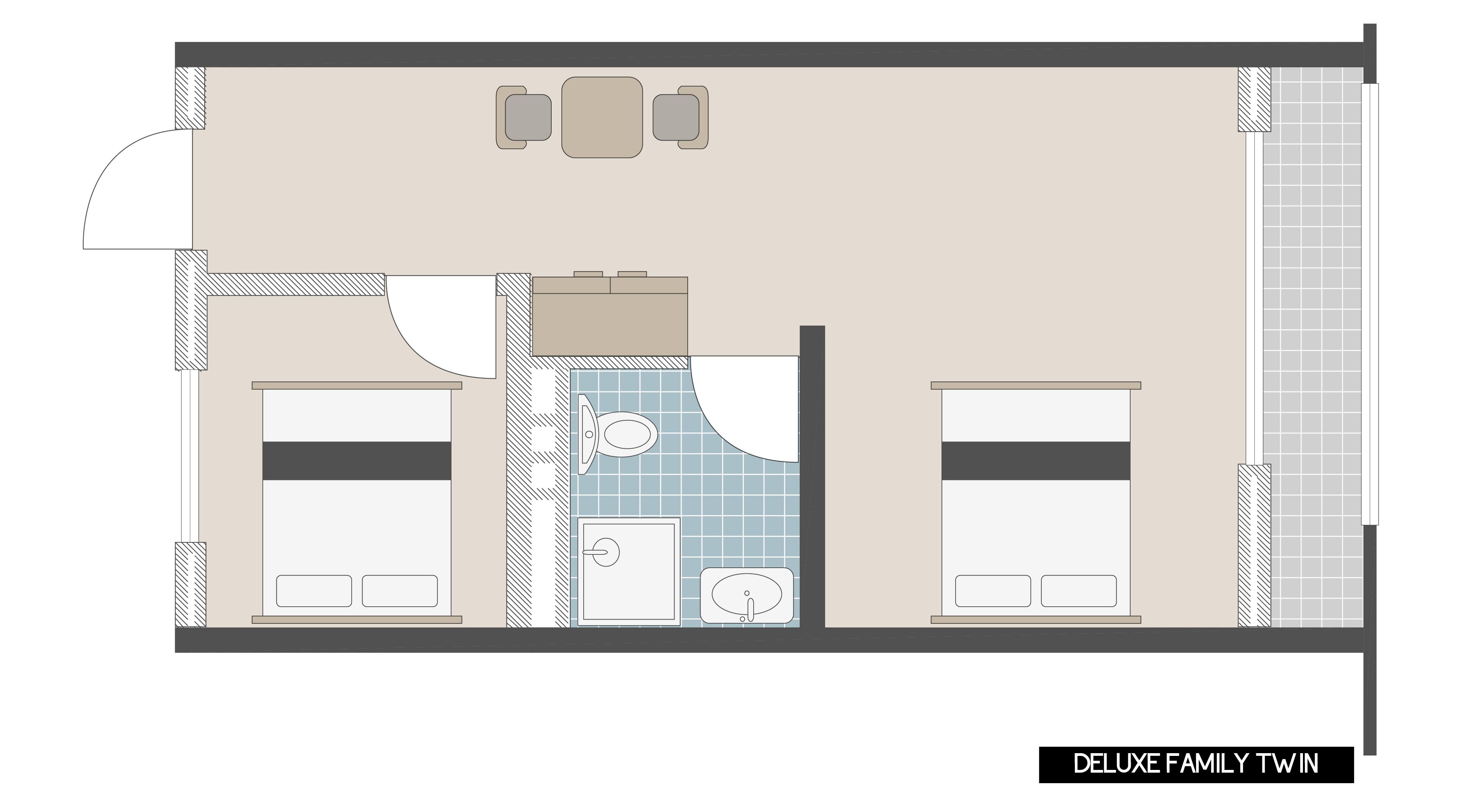 A floor plan of a Deluxe Family Twin room with two bedrooms, a bathroom, a kitchen, and a dining area.