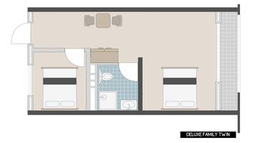 A floor plan of a Deluxe Family Twin room with two bedrooms, a bathroom, a kitchen, and a dining area.