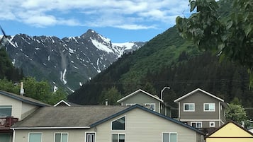 Houses with various architectural styles stand against a mountain backdrop.