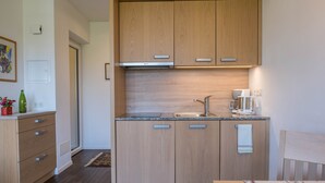 A compact kitchen with wooden cabinets, a built-in stove, and a sink. - Apartment “Urbanhof - Moritzing” with Mountain View, Wi-Fi & 2 Balconies (Bozen)