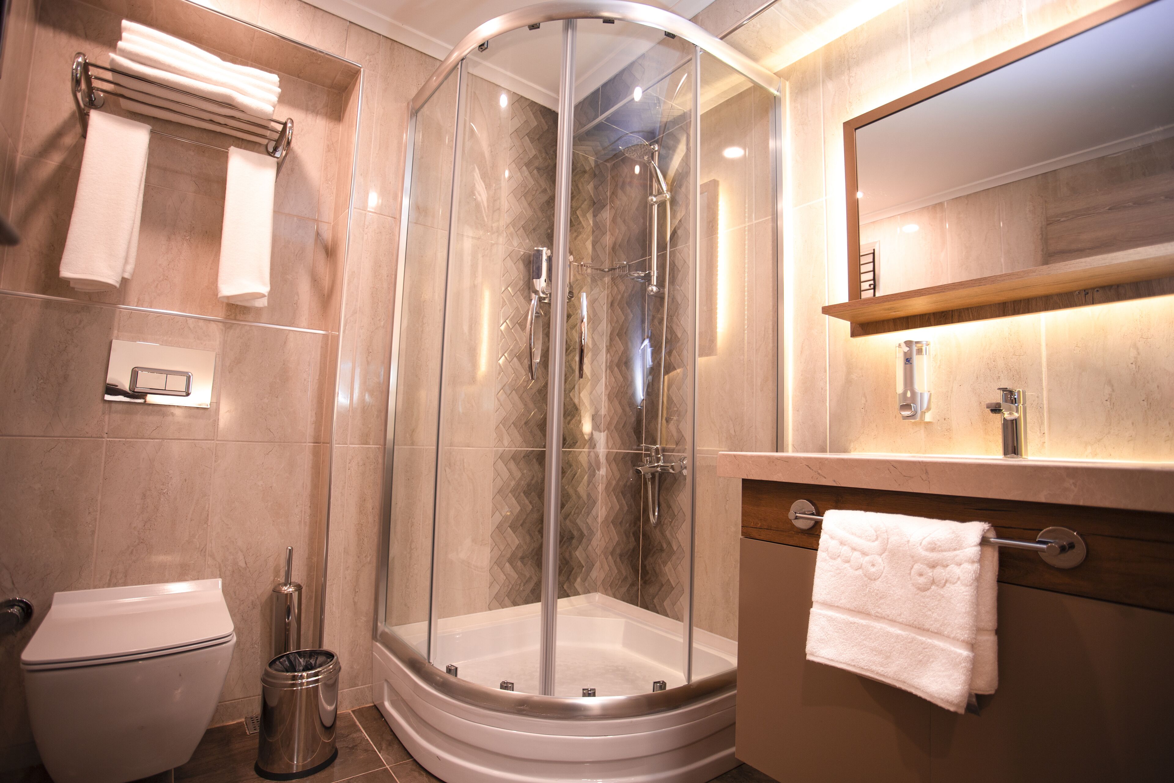 shower, rainfall showerhead, hair dryer, slippers