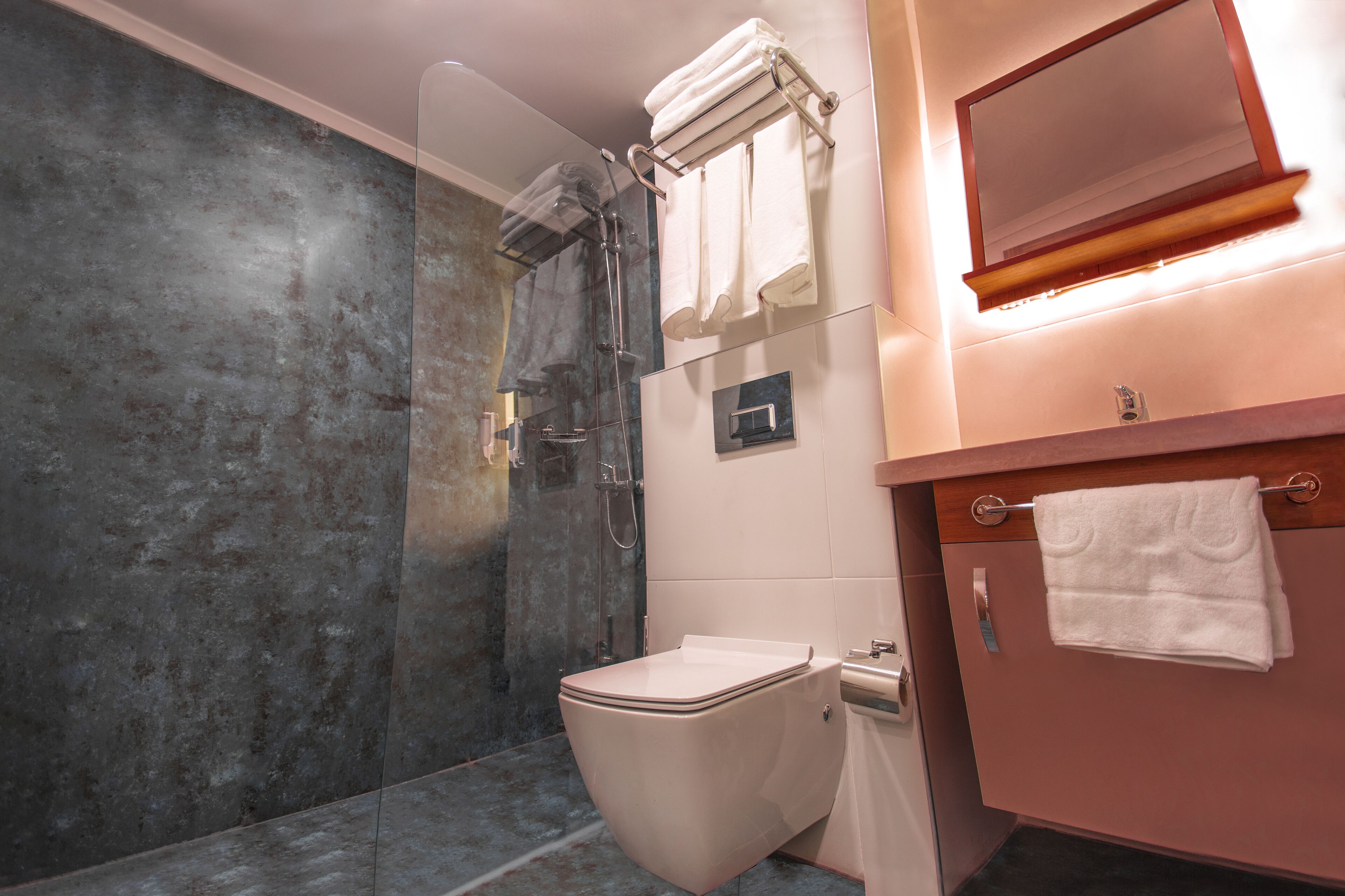 deluxe room, terrace, sea view | bathroom | shower, rainfall showerhead, hair dryer, slippers