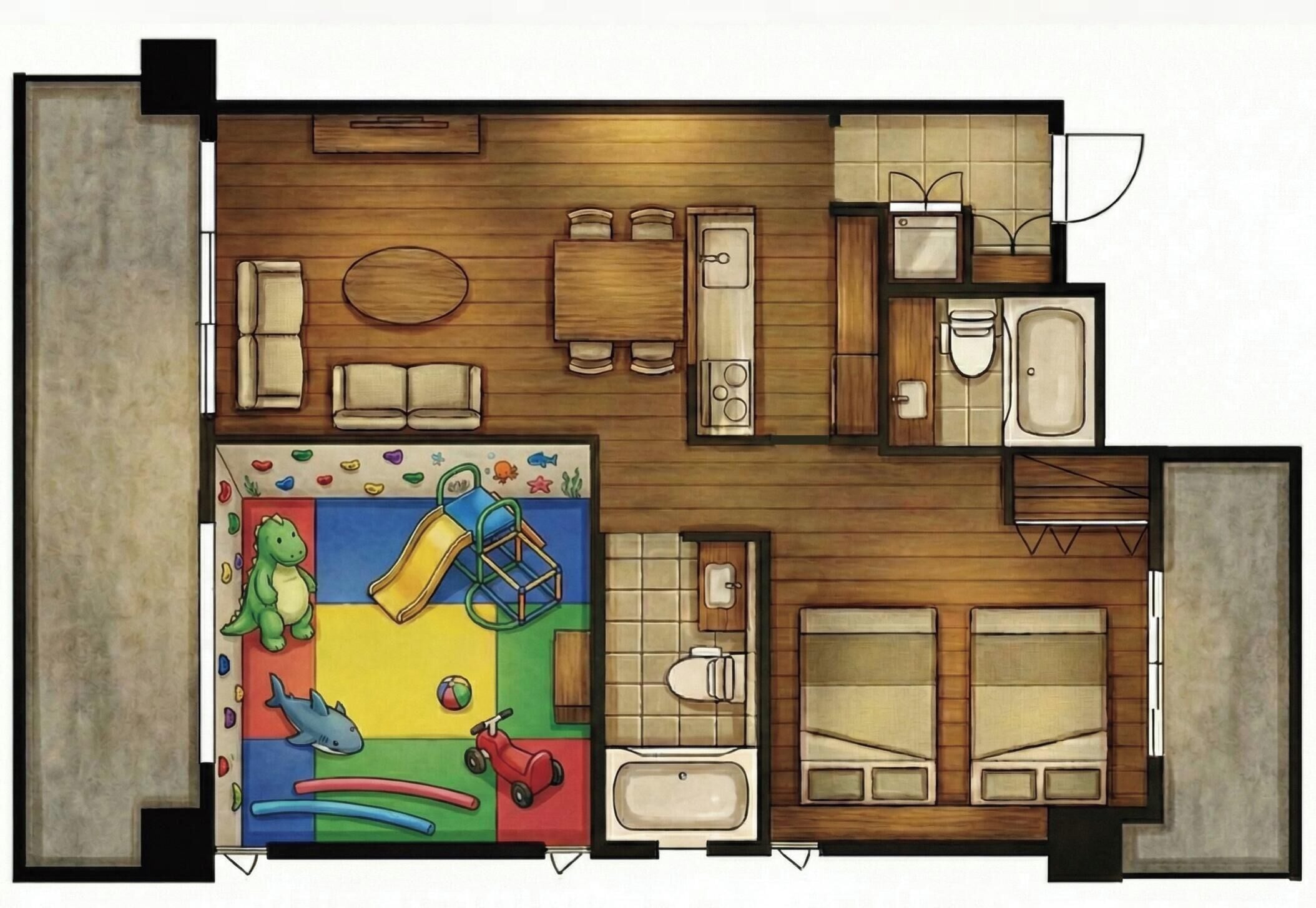 A floor plan of a hotel room with a bathroom, a small kitchen, a living area with a sofa and a table, and a children's play area with toys and a slide.