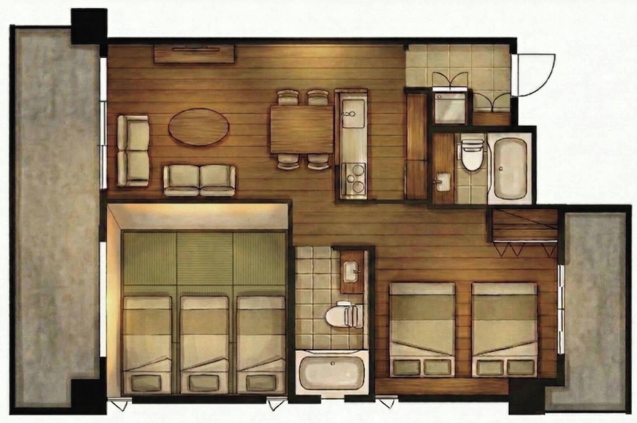 Plano de un cuarto de hotel con baño, una sala de estar con sofá y sillones, una mesita y un ventanal circular.