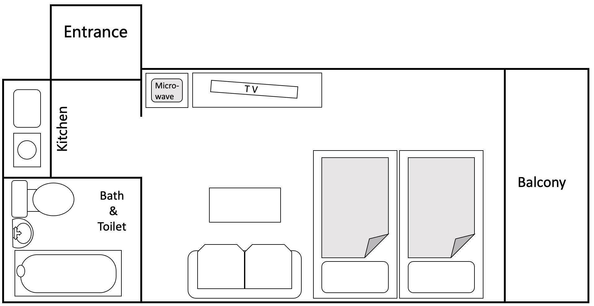 A floor plan with an entrance, kitchen, micro-wave, TV, bath & toilet, and balcony.