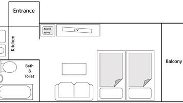 A floor plan with an entrance, kitchen, micro-wave, TV, bath & toilet, and balcony.