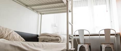 A dormitory room with a bunk bed, a desk with two chairs, a radiator, and a window with blinds.