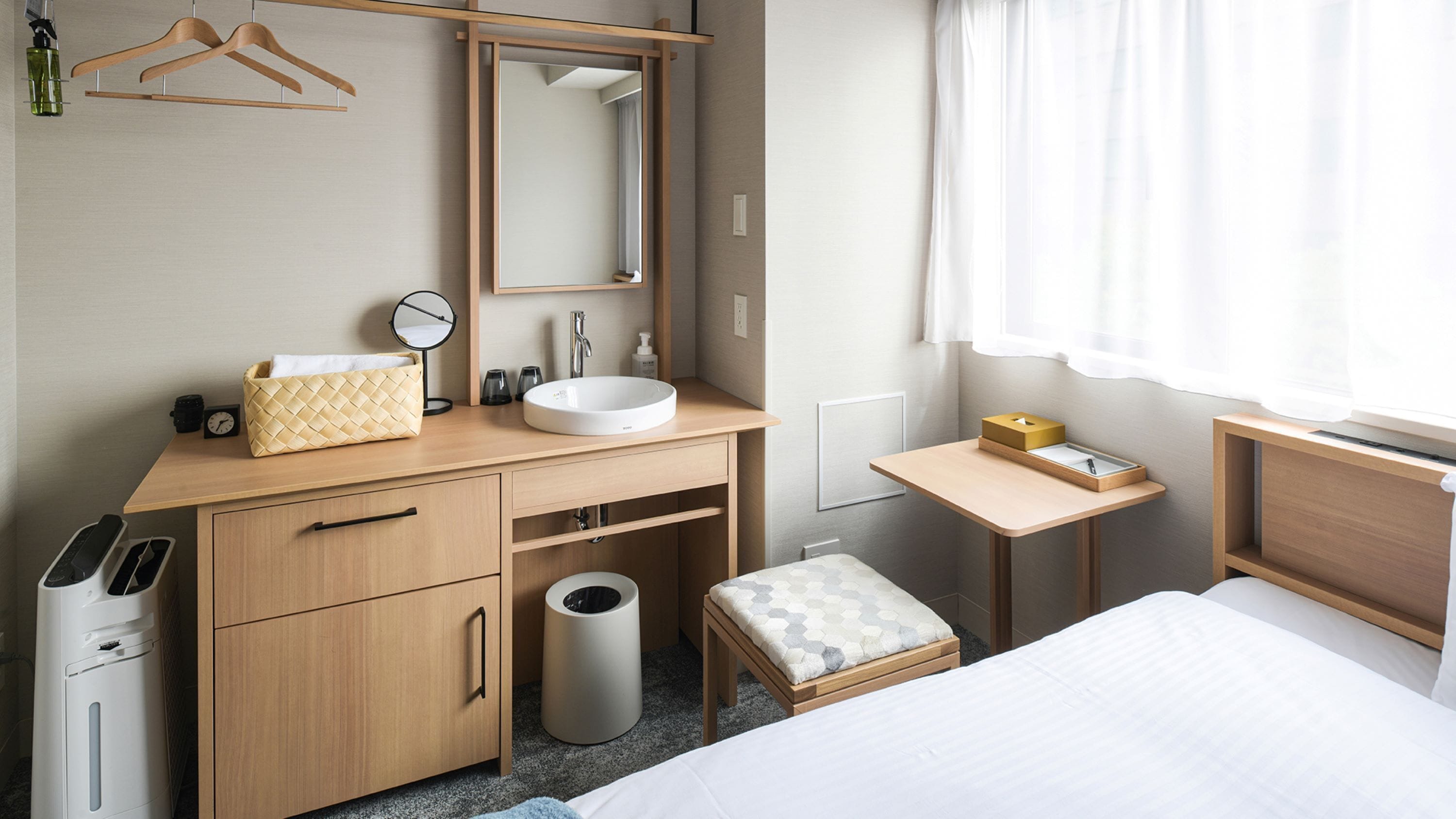 desk, blackout curtains, soundproofing, iron/ironing board