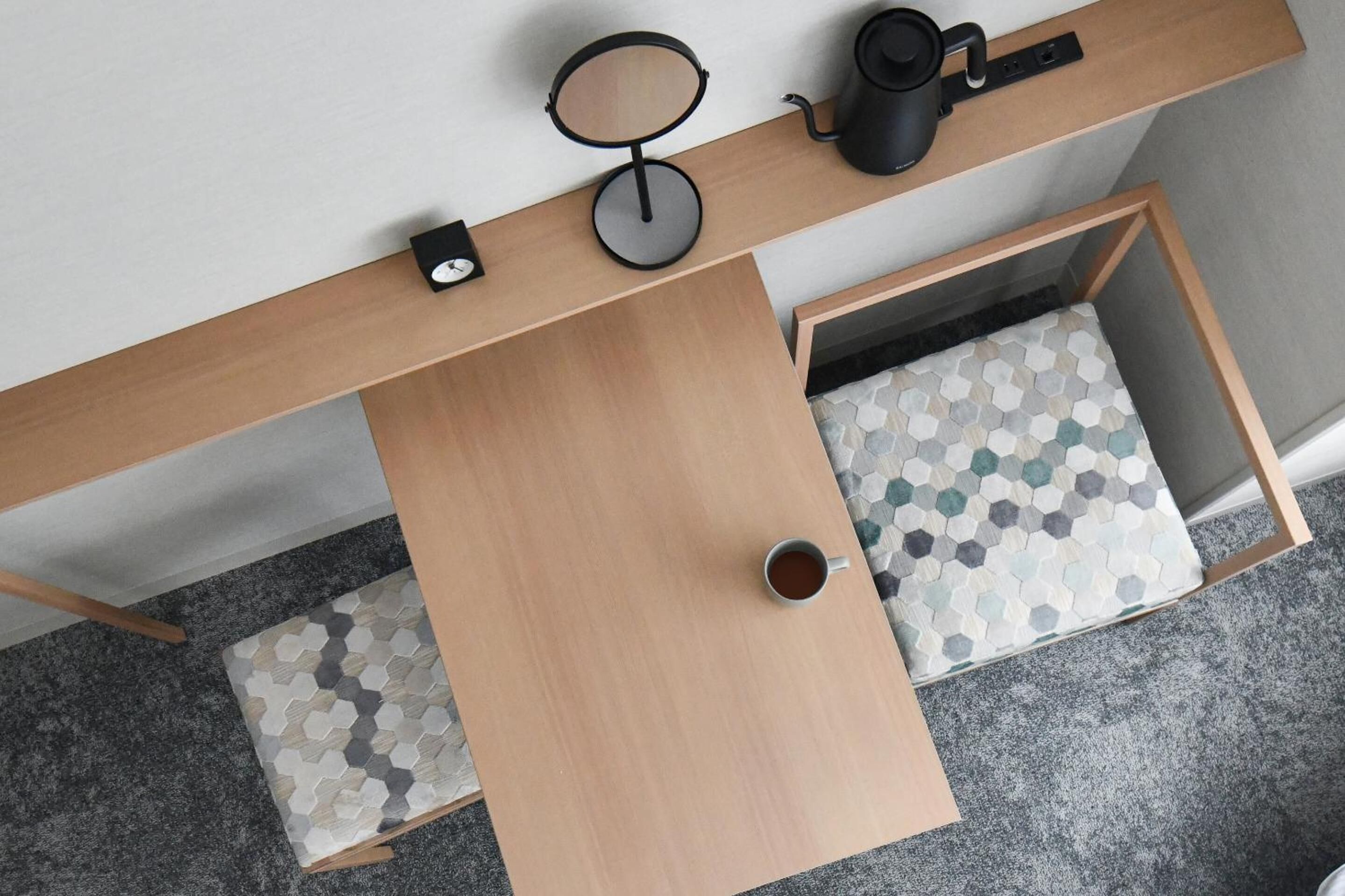 desk, blackout curtains, soundproofing, iron/ironing board