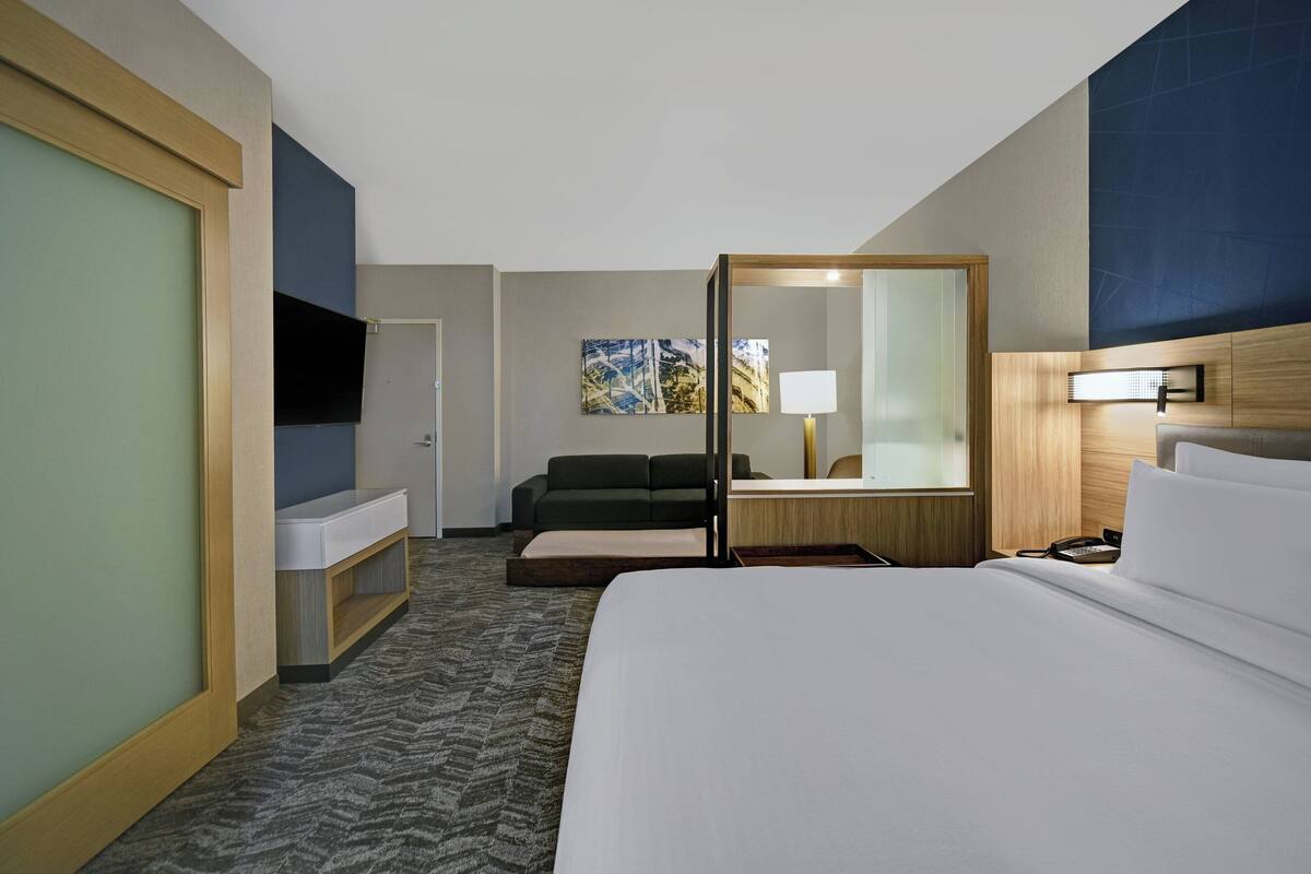 Ett hotellrum med en säng, ett skrivbord, en soffa, en tv, en spegel och en tavla på väggen.