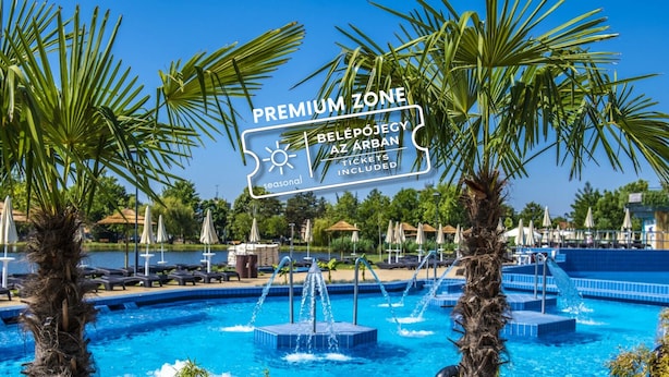 A pool area with palm trees, lounge chairs, and a sign indicating a premium zone. - Hungarospa Thermal Hotel (Hajduszoboszlo)