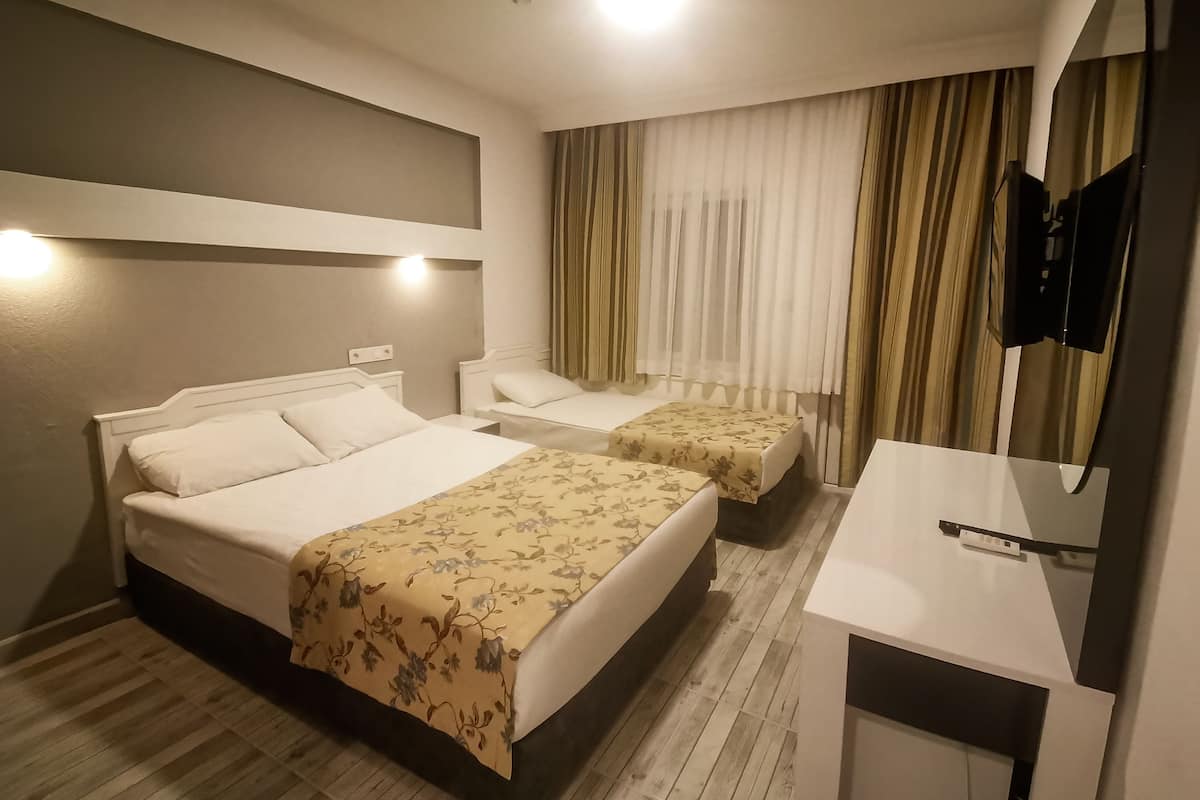 A hotel room with two beds, a small desk, a mirror, and a television.