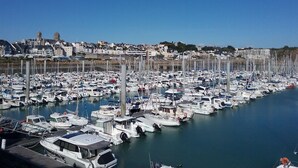 A marina filled with boats, a clear sky, and a town in the background.