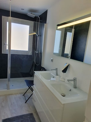 Regadera, secadora de cabello, toallas, papel de baño