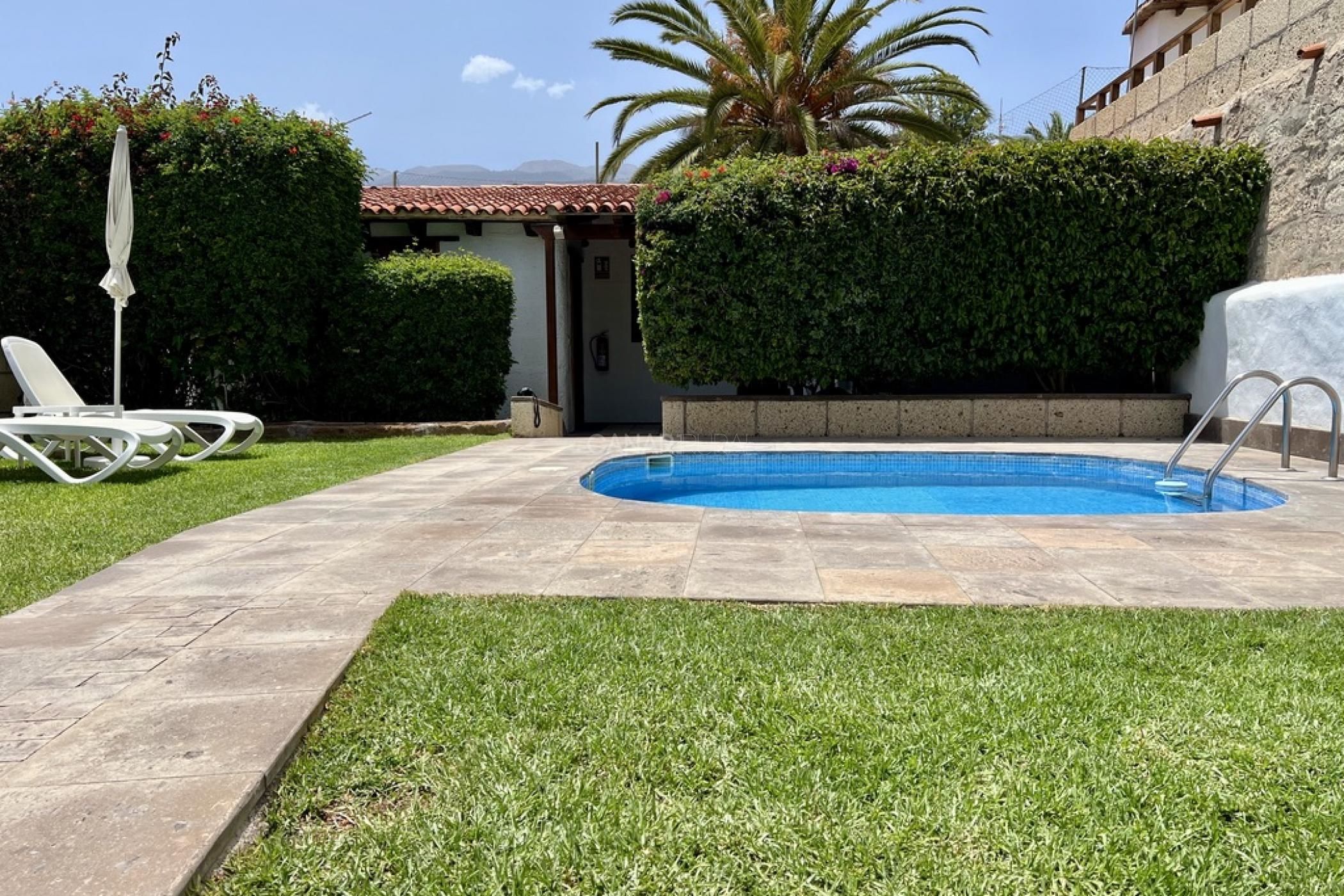 Une piscine avec une terrasse carrelée, un fauteuil de relaxation et un palmier.