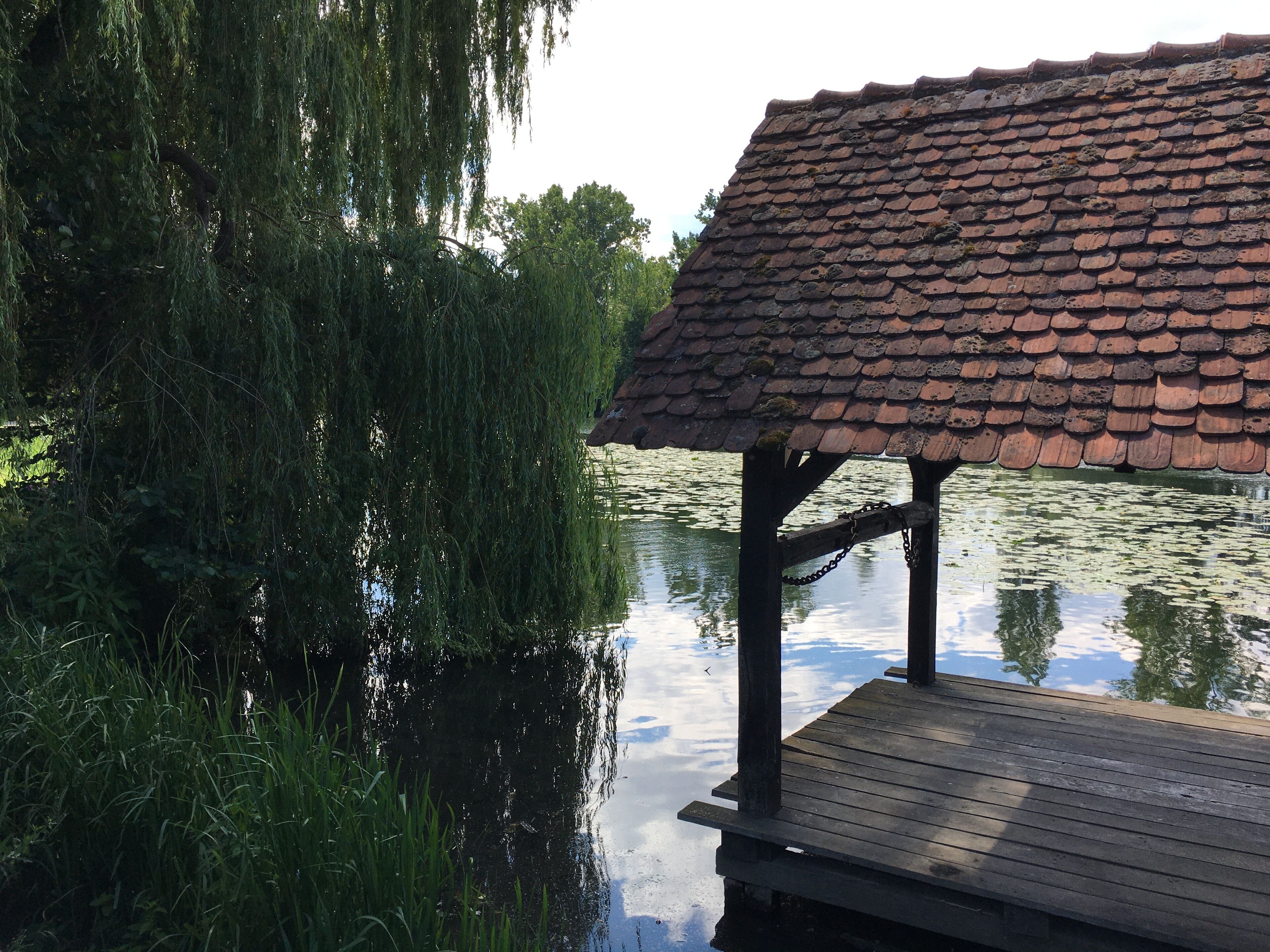 Eine hölzerne Pier erstreckt sich über ruhiges Wasser, umgeben von üppigem Grün und einem Gebäude mit Ziegeldach.