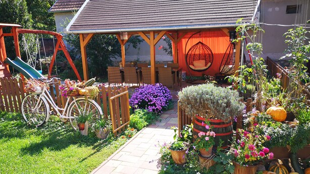 Un jardín con un sendero que lleva a una estructura de madera con un conjunto de columpios y una silla colgante.