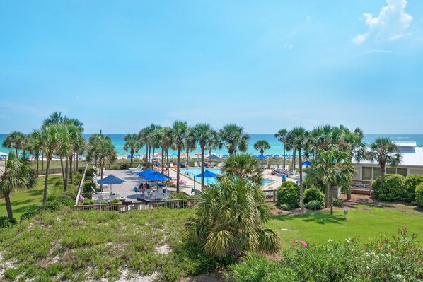 A resort with a pool area, palm trees, and a view of the ocean.