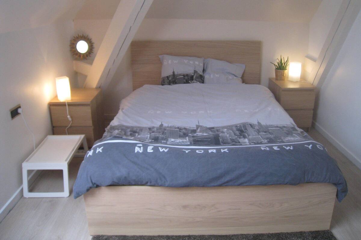 Ein Schlafzimmer mit einem Bett, zwei Nachttischen, einer Wandlampe und einem kleinen Regal mit einer Pflanze.