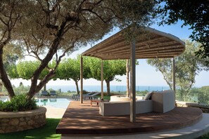 Outdoor pool, a heated pool, pool loungers