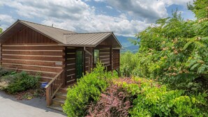 A rustic cabin with a wooden exterior, a green door, and a staircase leading up to the entrance.