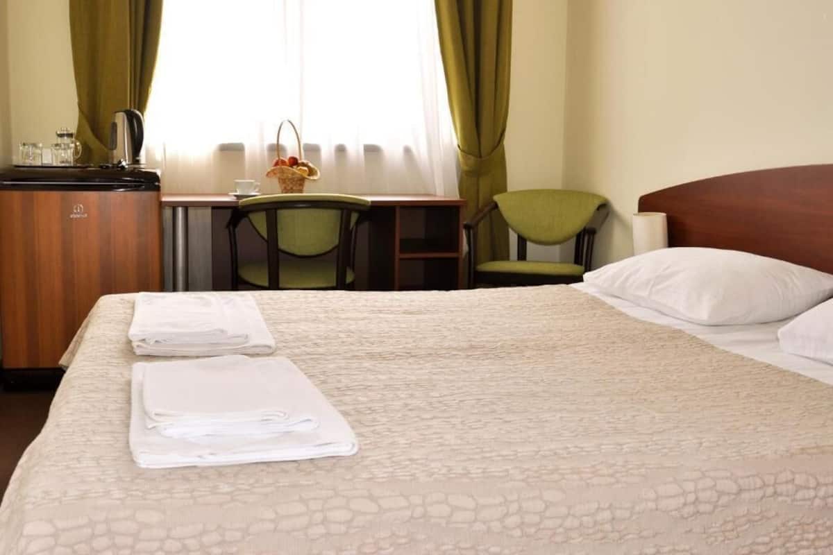 A hotel room with a bed, a desk, a chair, and a minibar.