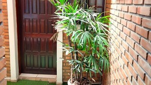 Un edificio de ladrillo con una puerta de madera que dice "SILENCIO" y una planta en maceta al frente.