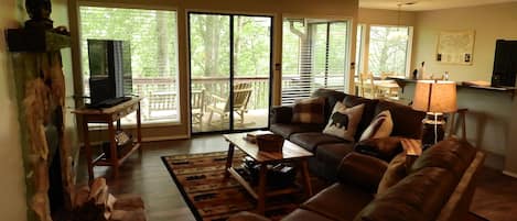 TV, fireplace, table football, books