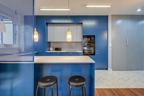 Apartamento de lujo | Cocina básica privada | Frigorífico, microondas, placa de cocina y lavavajillas