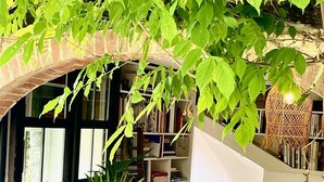 Un coin lecture confortable avec un fauteuil en forme de poire blanc, une grande plante en pot et une bibliothèque remplie de livres.