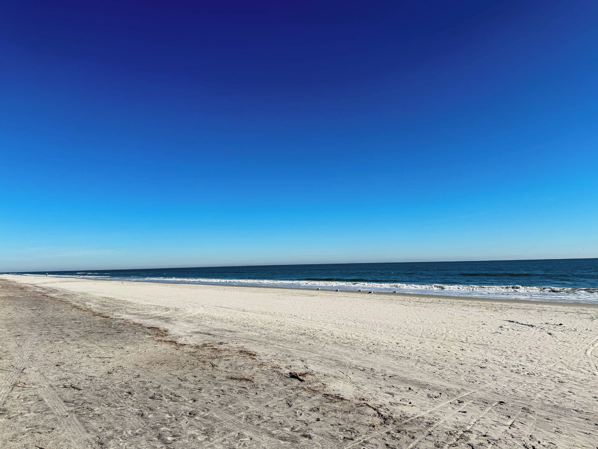 A beach with a clear sky and calm sea.