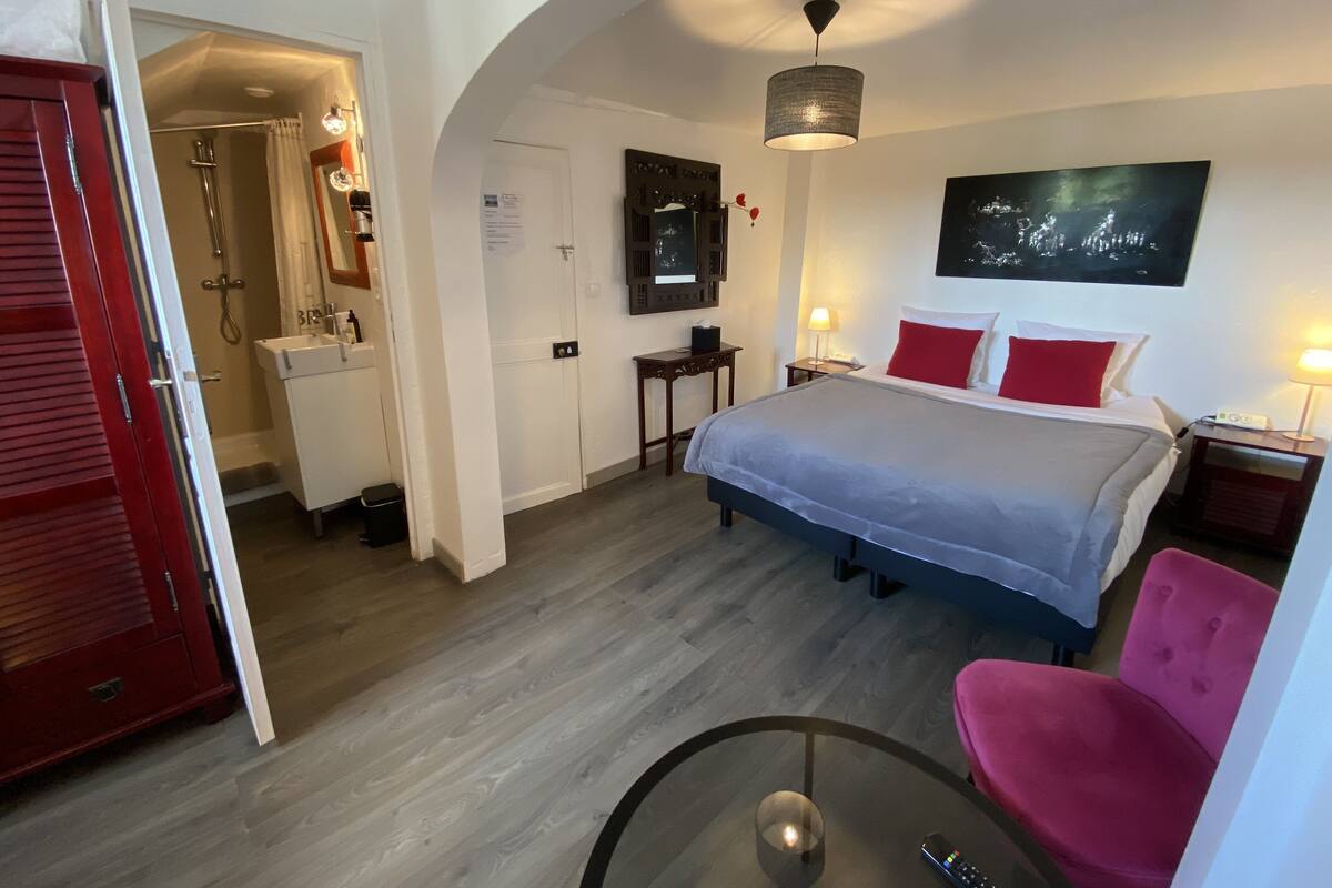 A hotel room with a bed, a desk, a chair, a TV, and a bathroom.