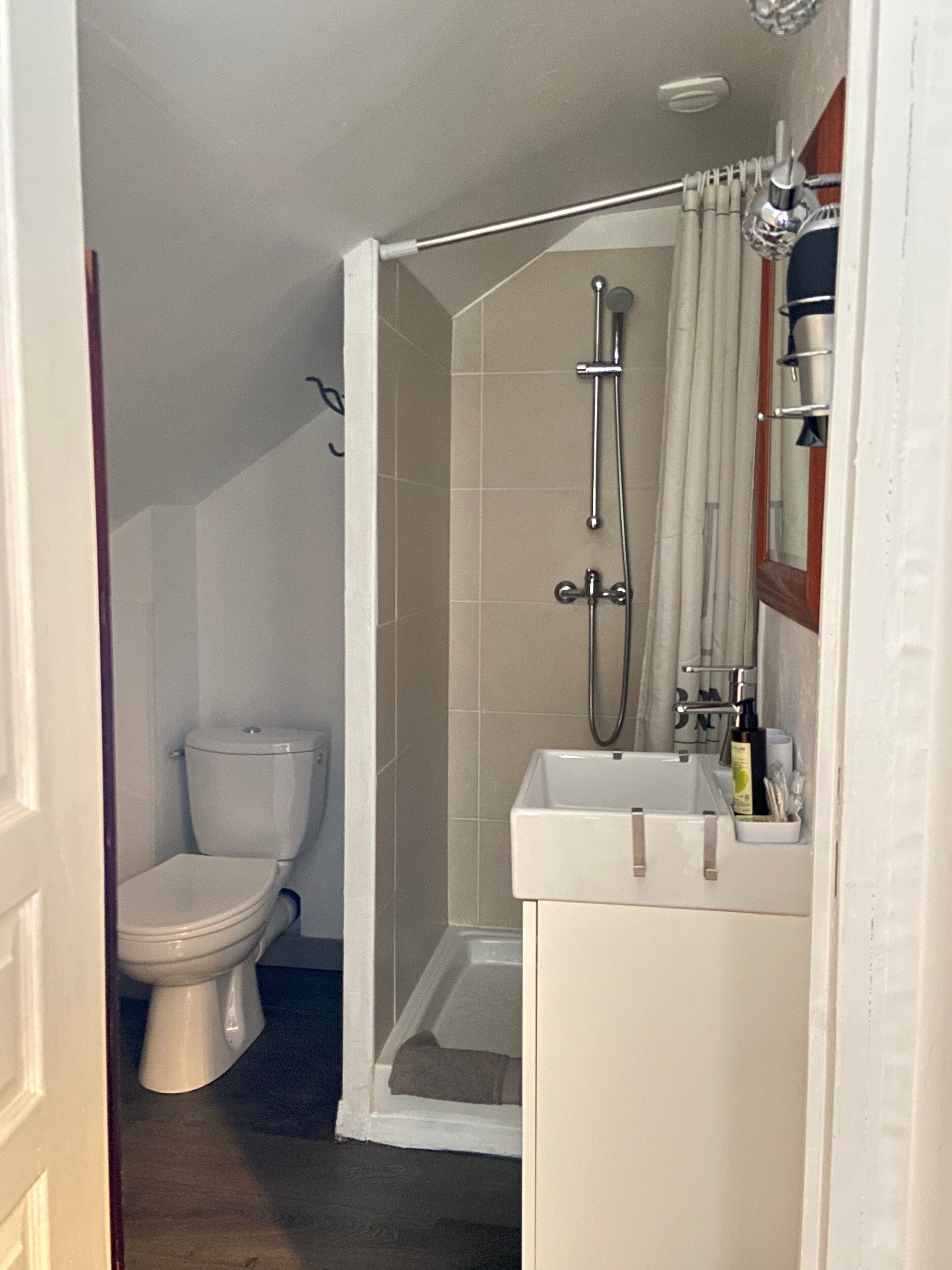 Een badkamer met toilet, douche en wastafel.