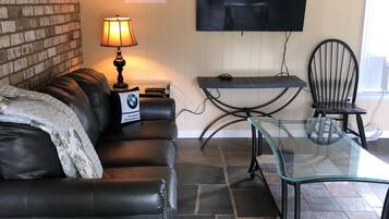 Smart TV, fireplace, books, stereo