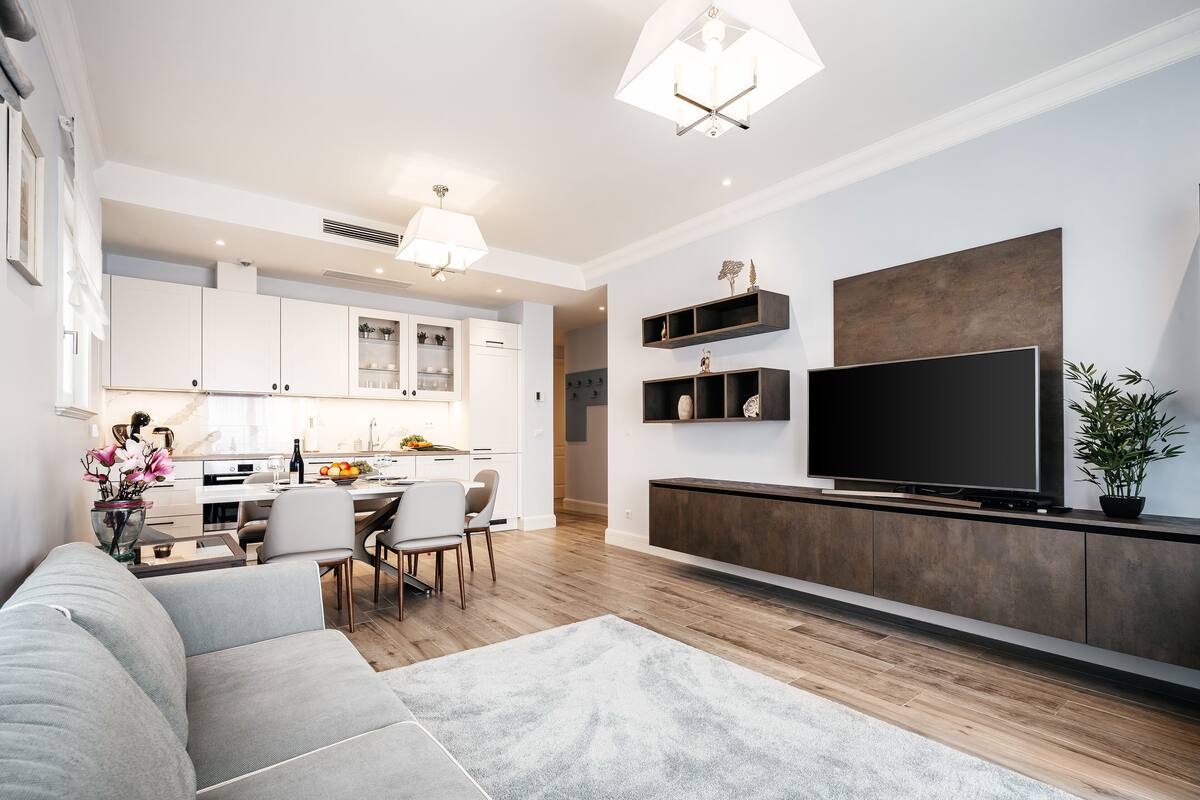 A modern living room with a sofa, a dining area with chairs, a kitchen with white cabinets, a TV on a wooden cabinet, and a potted plant.