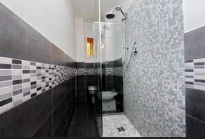 Shower, hair dryer, bidet, towels