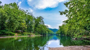 A river surrounded by lush greenery and a clear sky. - River Cabin w/hot tub, fire pit, deck, games, wifi (Great Cacapon)