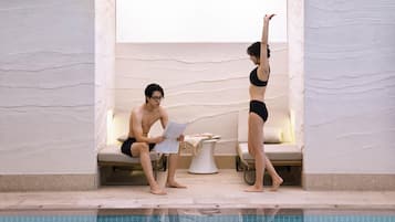 Indoor pool, seasonal outdoor pool, pool umbrellas, sun loungers