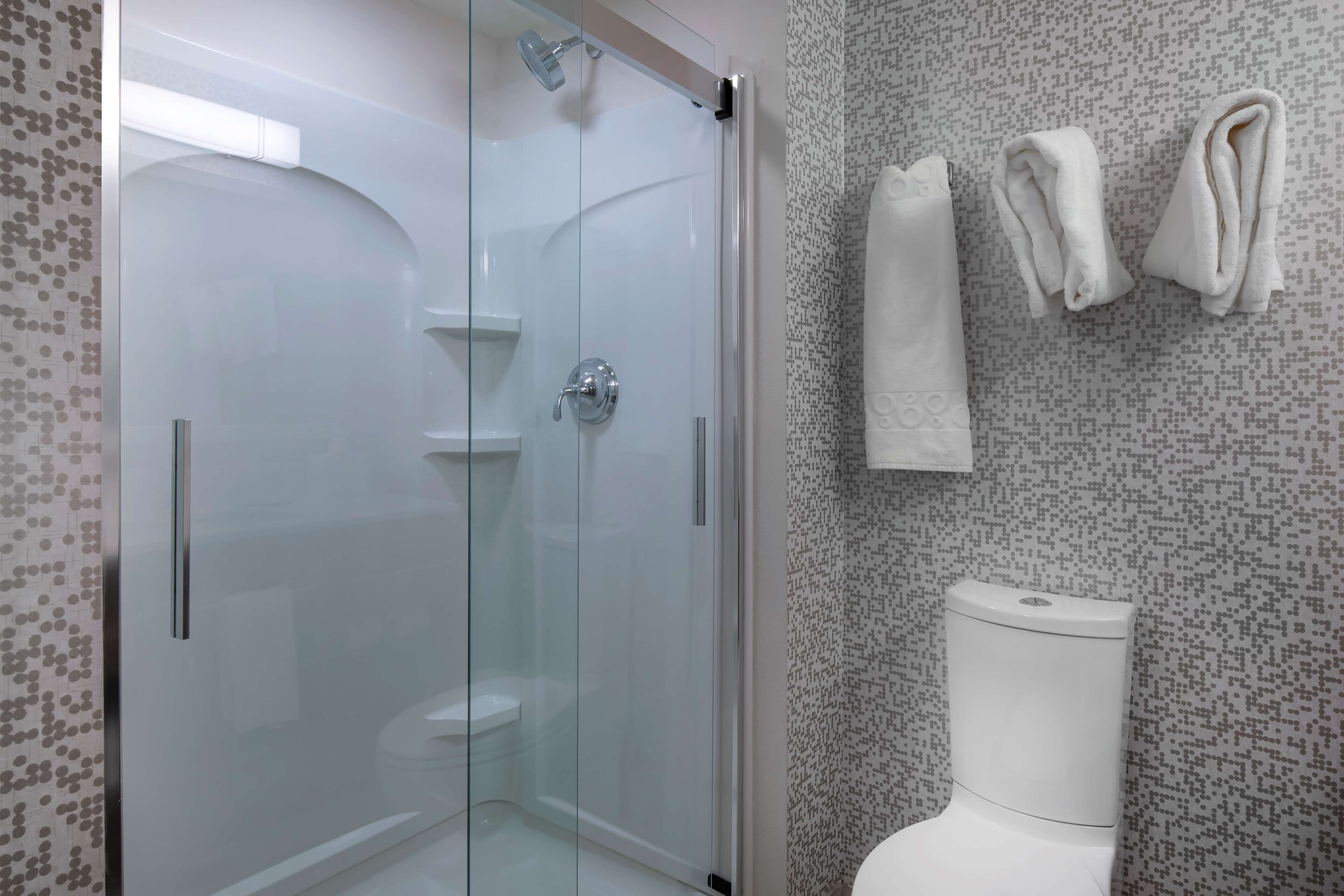 A modern bathroom with a glass-enclosed shower, a white toilet, and neatly folded towels on the wall.