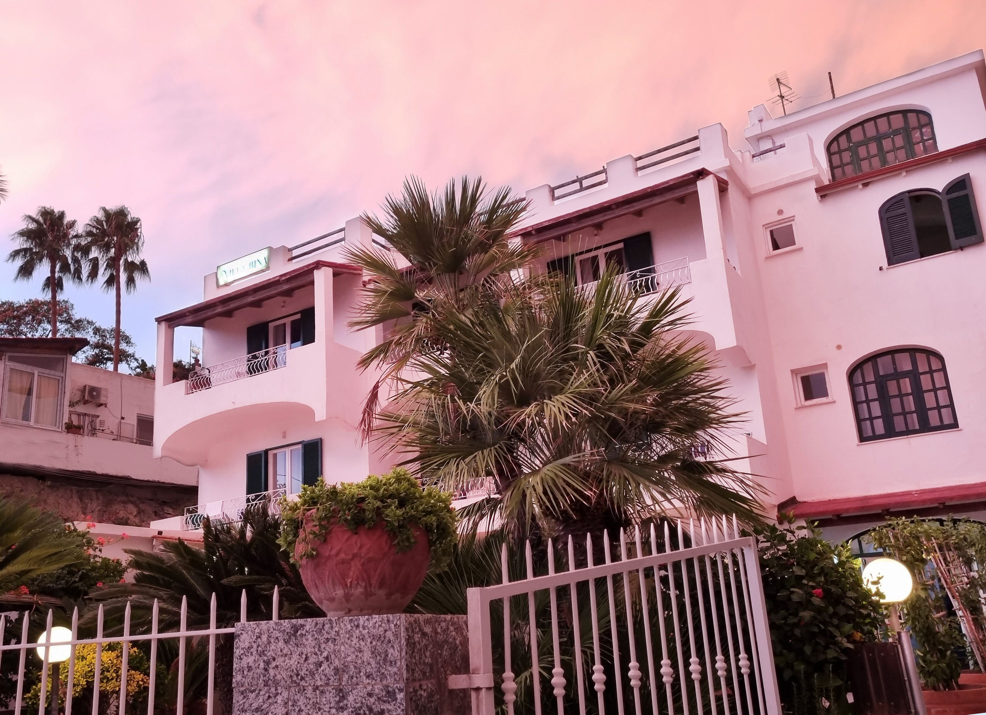 A multi-story building with balconies, a large potted plant, and a gated entrance.