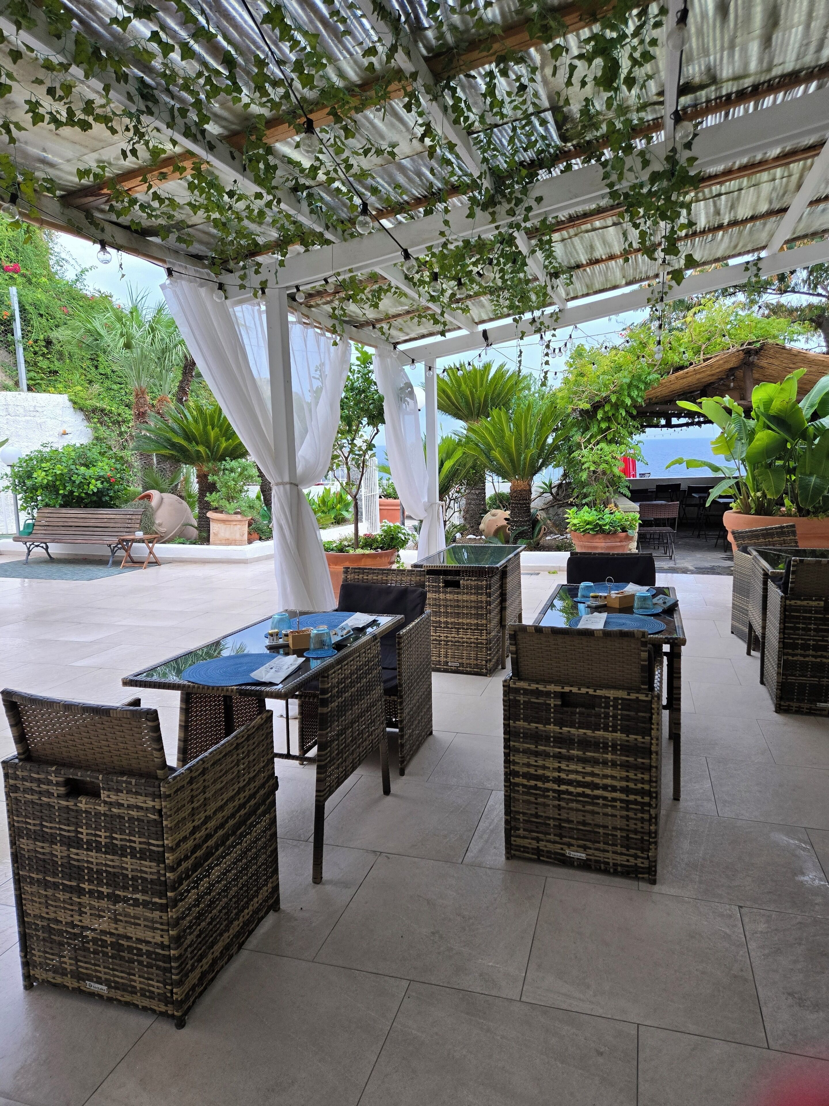 Un espace extérieur aménagé en terrasse, avec des meubles en osier et des plantes en pot.