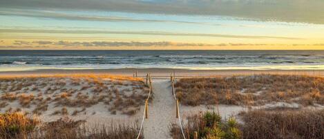 On the beach, sun loungers